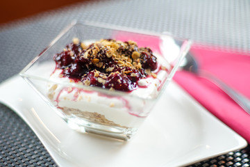 Pudding on a restaurant table
