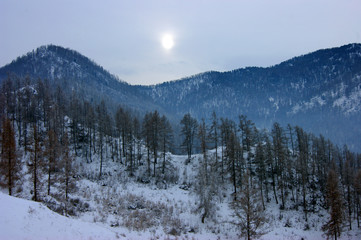 Winter landscape of the mountain tops covered by snow