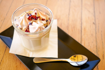 Pudding on a restaurant table