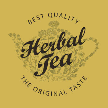 Vector banner for a herbal tea with doodle elements and calligraphic inscription. Illustration with a teapot or kettle consisting of various hand-drawn herbs in retro style.