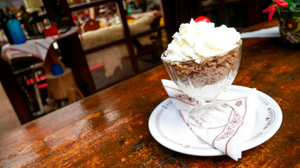 Pudding on a restaurant table
