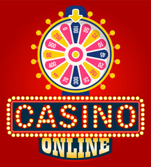 Casino online vector, shining signboard with retro bulbs. Fortune wheel with spinning circle and money sum, gaming and gambling. Lucky circle or lucky rotation. Wheel luck in flat style