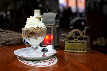 Pudding on a restaurant table