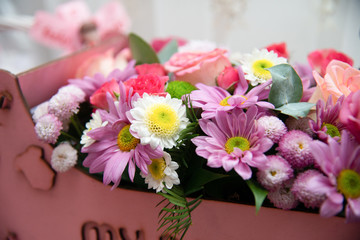 Bright flowers bouquet background. Beautiful close-up of a flower arrangement.