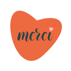 Merci greeting thankful calligraphy text on red heart  vector illustration