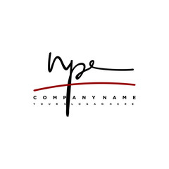 NP signature initials. Handwritten logo vector template with red underline. Hand drawn Calligraphy lettering Vector illustration.