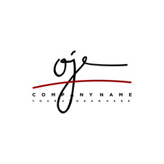 OJ signature initials. Handwritten logo vector template with red underline. Hand drawn Calligraphy lettering Vector illustration.