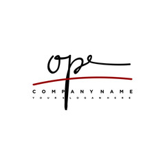 OP signature initials. Handwritten logo vector template with red underline. Hand drawn Calligraphy lettering Vector illustration.