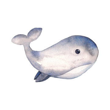 Cute watercolor cartoon illustration of a dolphin for children's design of fabrics, cards, posters, stickers. Hand drawn isolated on a white background.