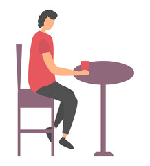 Side view of person character sitting at table, female holding cup, woman in casual clothes, disco club or cafe element, human drinking, leisure vector