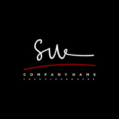 SU signature initials. Handwritten logo vector template with red underline. Hand drawn Calligraphy lettering Vector illustration.