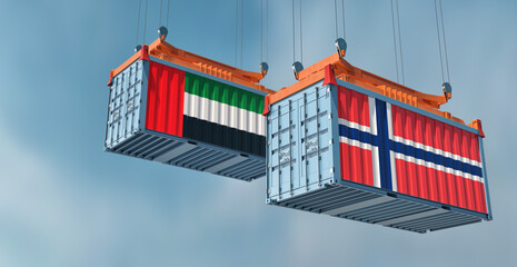 Two freight container with United Arab Emirates and Norway flag. 3D Rendering