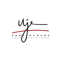 UJ signature initials. Handwritten logo vector template with red underline. Hand drawn Calligraphy lettering Vector illustration.