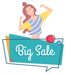 Cheerful personage vector, isolated female character winking and pointing on herself. Proposition of shop, reduction of price, sale and discount store
