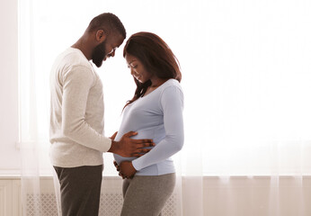 Loving man holding his wife belly, parenthood concept