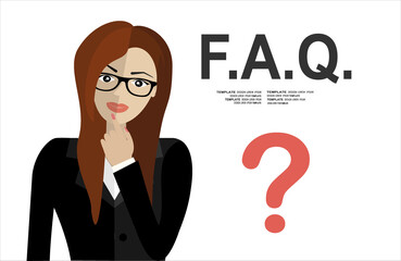 Young woman standing near question symbol and he needs to ask help or advice via live chat, help desk or faq. Flat concept vector illustration