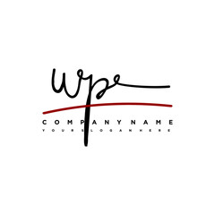 WP signature initials. Handwritten logo vector template with red underline. Hand drawn Calligraphy lettering Vector illustration.