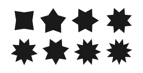 Star burst sticker set. Black flat price tags explosion silhouettes, starburst retro sale badge. Vector illustration. Star blank label, stickers emblem on white