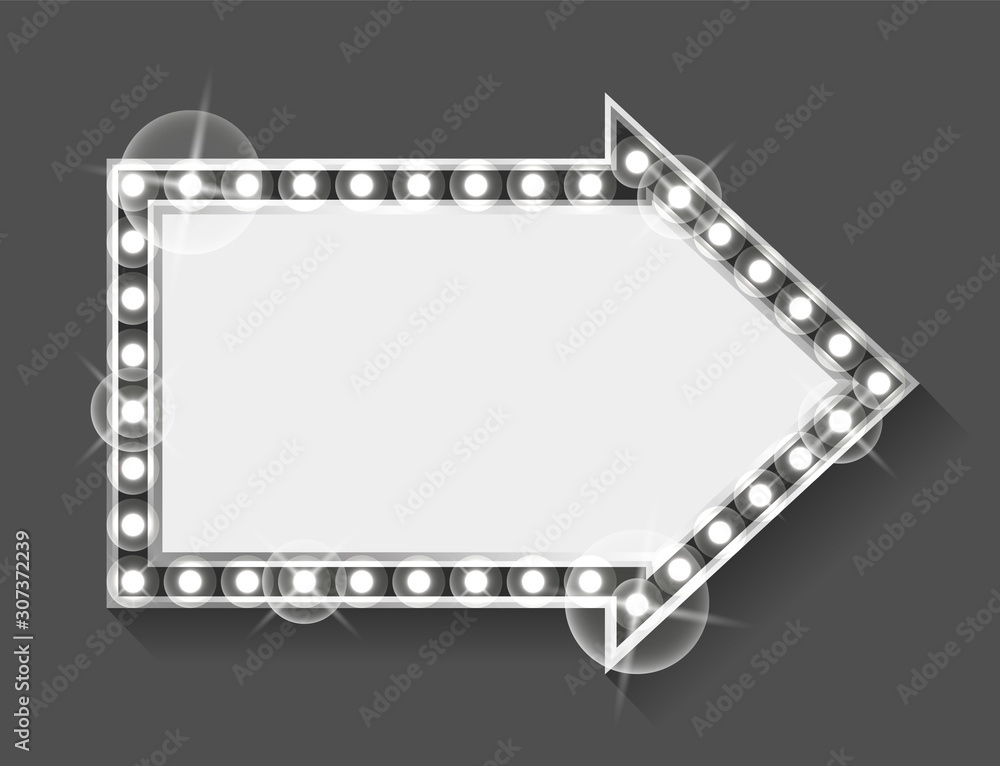 Poster retro empty banner with silver lights and bulbs vector, isolated frame in shape of right arrow. sign