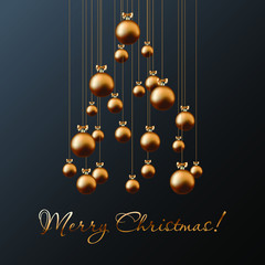 Christmas tree from gold balls and Merry Christmas golden handwritten calligraphic lettering on black background