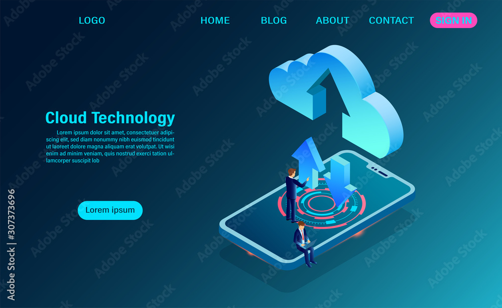Poster data technology with exchange of information between the mobile and the cloud. vector illustration i