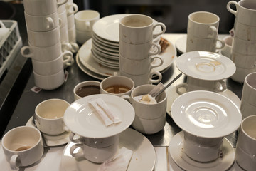 Dirty dishes and unwashed kitchen appliances in restaurant kitchen
