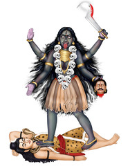 Goddess Kali standing on Lord Shiva.  - obrazy, fototapety, plakaty