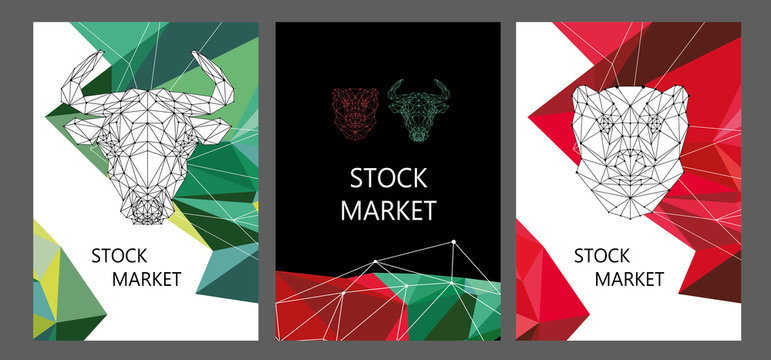 Stock market brochure layout design. Polygonal image of a bull and a bear