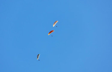 Silhouette of powered paraglider soaring flight over the sea against marvellous orange sunset sky.