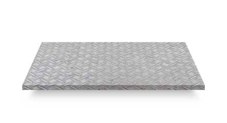 Perspective of diamond steel plate isolated on white background. Object with clipping path