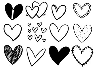 collection set of hand drawn scribble hearts isolated on white background