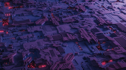 3d render, 3d illustration, abstract sci fi tech futuristic city, data board, neon theme