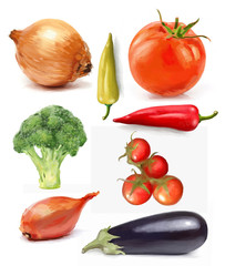 Collection of fresh vegetables isolated on white background. Realistic illustration.