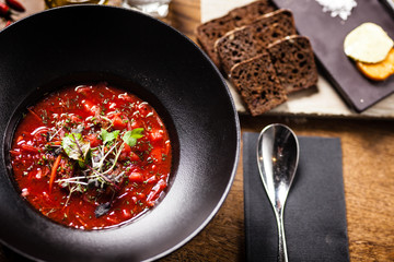 Beetroot soup served in a bowl in restaurant