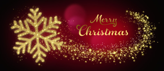 Merry Christmas Card With Golden Snowflake In Abstract Red Night