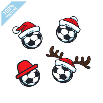 Soccer football ball with santa hat christmas theme set of 4 logo vector 