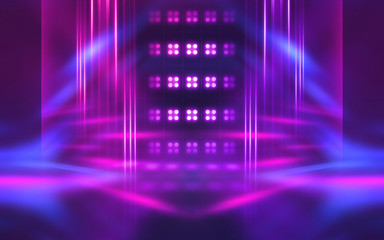 Empty dark abstract background. Background of empty show scene. Glow of neon lights on an empty...