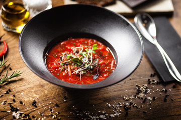 Beetroot soup served in a bowl in restaurant