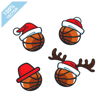 Basketball ball with santa hat christmas theme set of 4 logo vector 