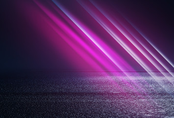 Obraz premium Empty background scene. Dark street reflection on wet asphalt. Rays of neon light in the dark, neon figures, smoke. Background of empty stage show. Abstract dark background.b