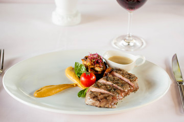 beef steak with baked vegetables