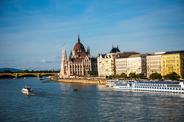 Fototapeta premium Budapest the Capital city of Hungary is divided by the River Danube.The Chain Bridge opened in 1849 was designed by UK engineer William Tierney Clark