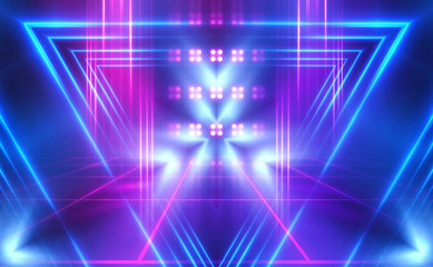 Empty dark abstract background. Background of empty show scene. Glow of neon lights on an empty concert stage.