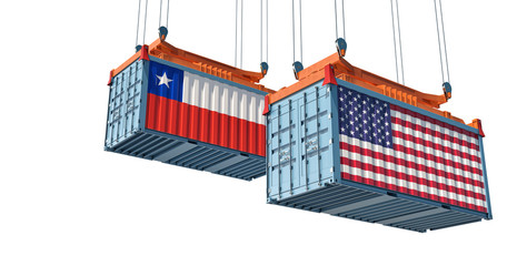 Two freight container with Chile and USA flag - isolated on white. 3D Rendering