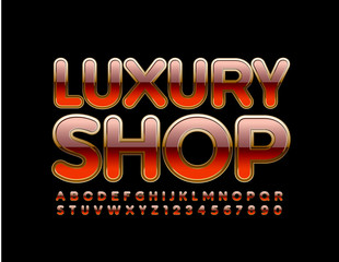 Vector stylish Sign Luxury Shop. Glossy Red and Gold Alphabet. Shiny Uppercase Font. Glamour Letters and Numbers set
