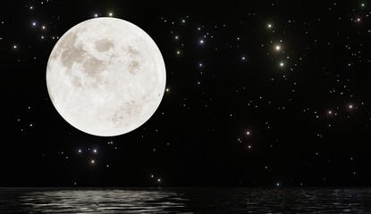 Full moon with many stars and reflection on water dark night sky background