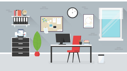 Vector Illustration Of Modern Office, Work Space Designed As Clean And Minimal Style