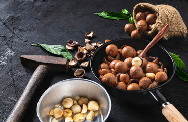 Macadamia nut on a black wood background.