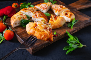 .Hot pizza on wooden tray for pizza