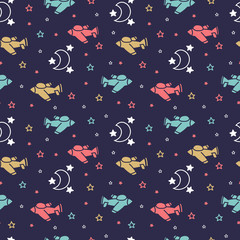 Airplanes seamless pattern. Night starry sky with Aircraft, Moon and stars. Retro colors background